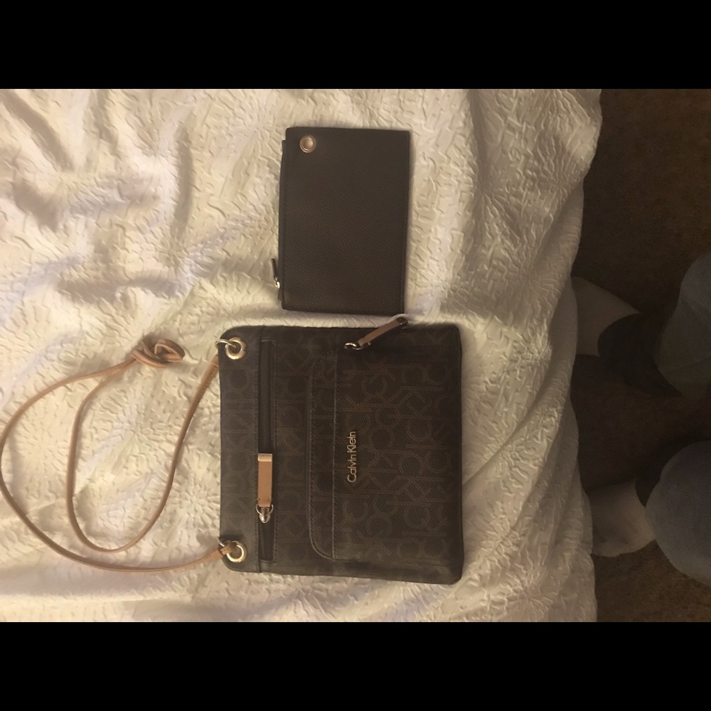 Calvin Klein dark brown&tan leather mini purse